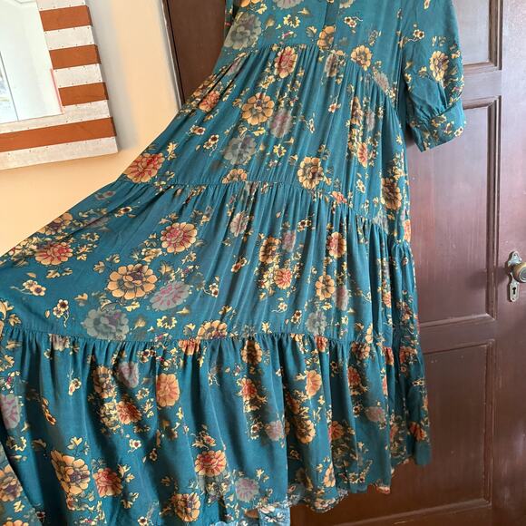 NATURAL LIFE Rebecca Green Floral Tiered Midi Dress Teal Orange Clusters Medium - Picture 4 of 9